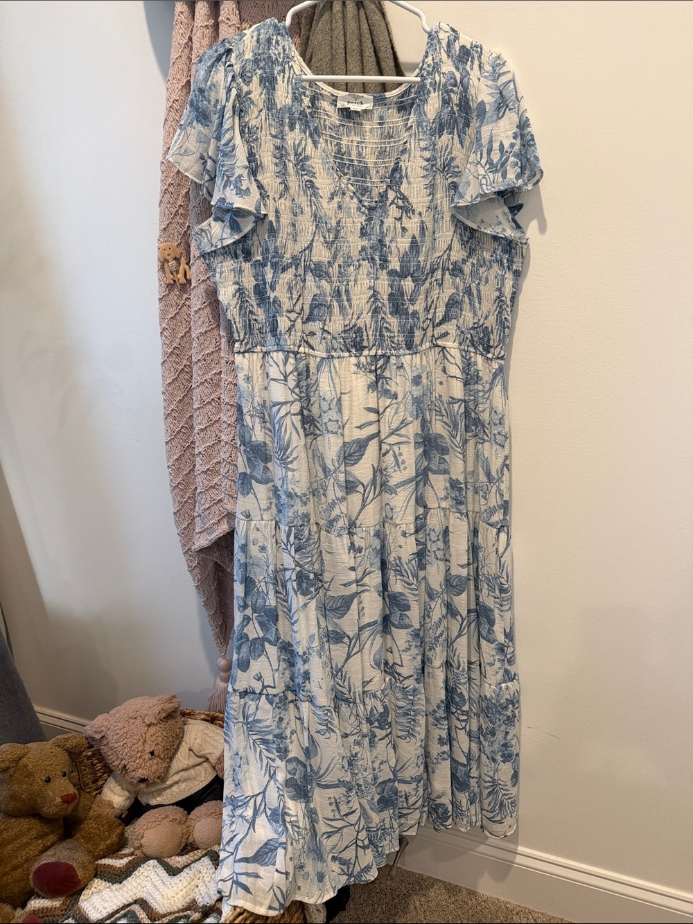 Blue Floral Ruffle-Sleeve Maxi Dress